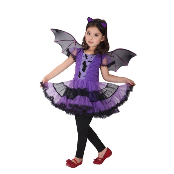 Purple Bat Girl Dress Cat Witch Halloween Costumes - Picture 1 of 8